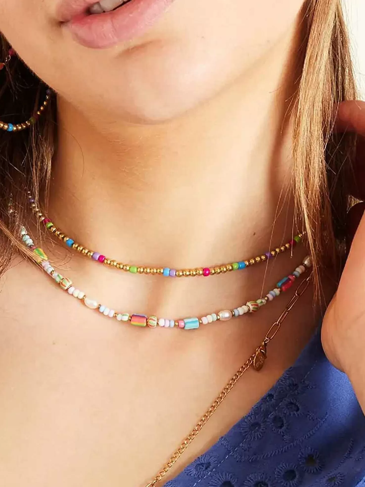 LOF Boutique Kettingen>Multi Color Beads Necklace Gold & Blue